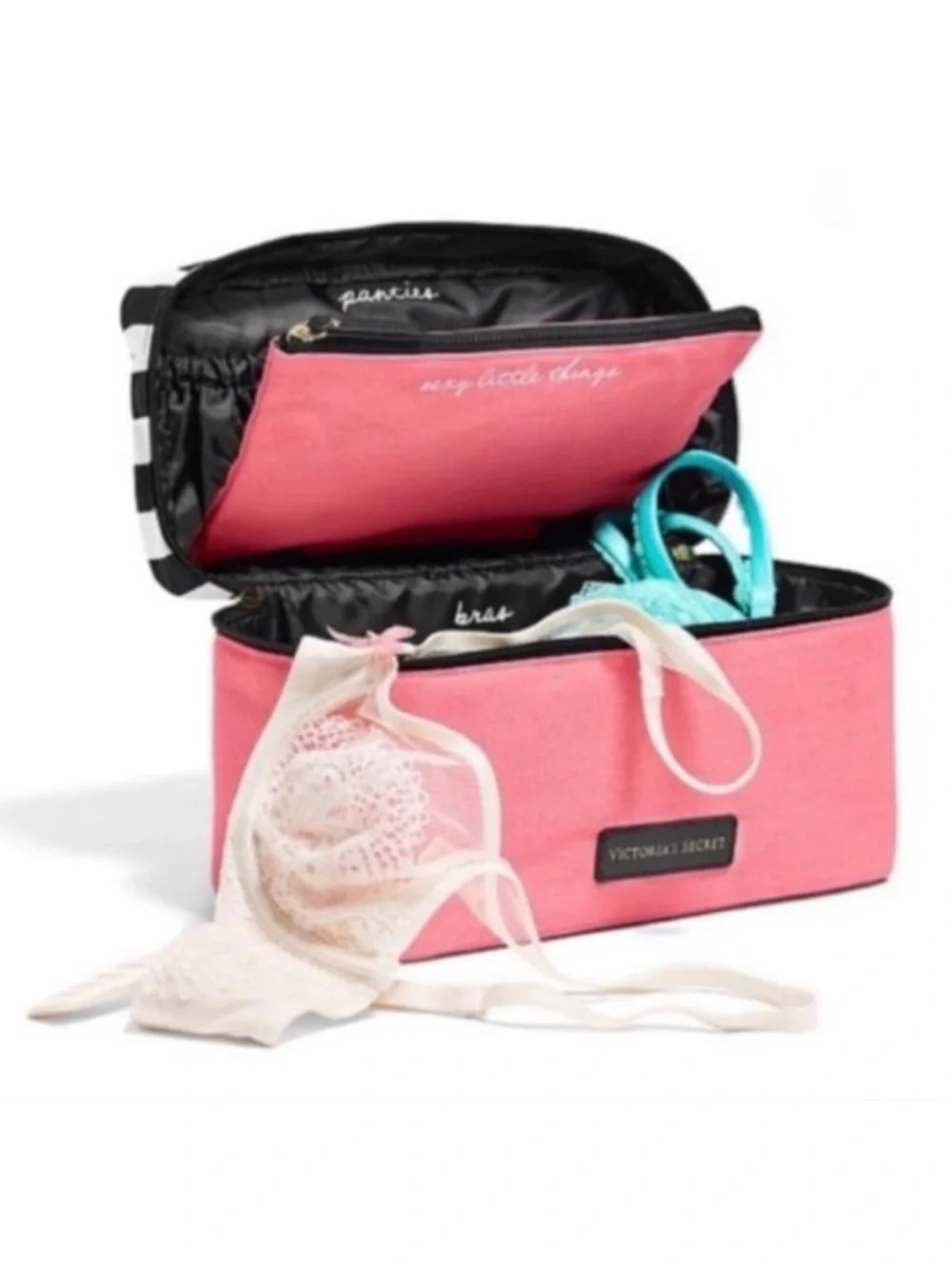Victoria’s Secret Pink Train Case Makeup Cosmetic Travel Bag Striped Vanity